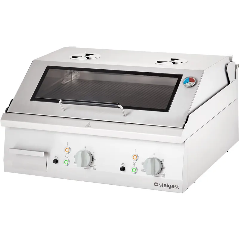 Edelstahl Elektro-Griddleplatte als Tischgerät mit Deckel 800x700 mm gerillte Grillfläche Serie 700 ND