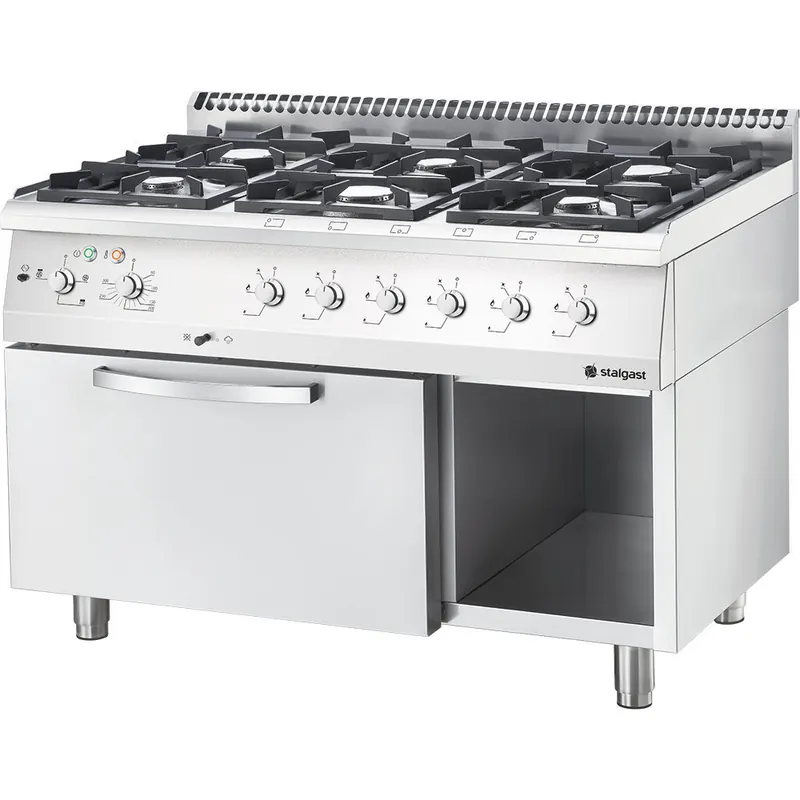 Edelstahl Gasherd Basic mit 6 Brennern (3x3,5+3x5) Elektro-Umluft-Backofen GN1 / 1 und Regalfach Serie 700 ND