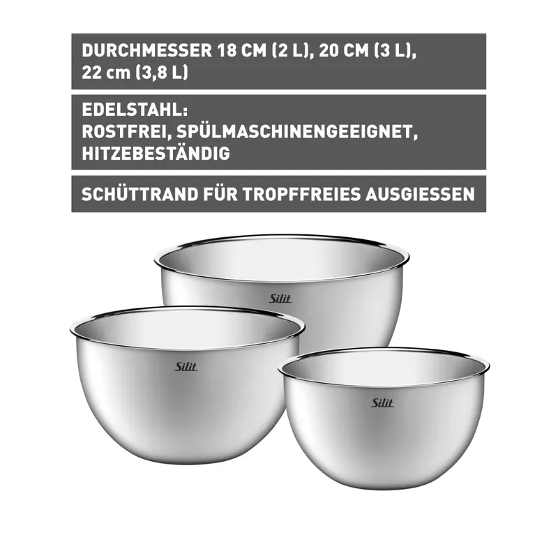 SILIT Schüsseln/Seiher Küchenschüssel-Set, 3-teilig Edelstahl